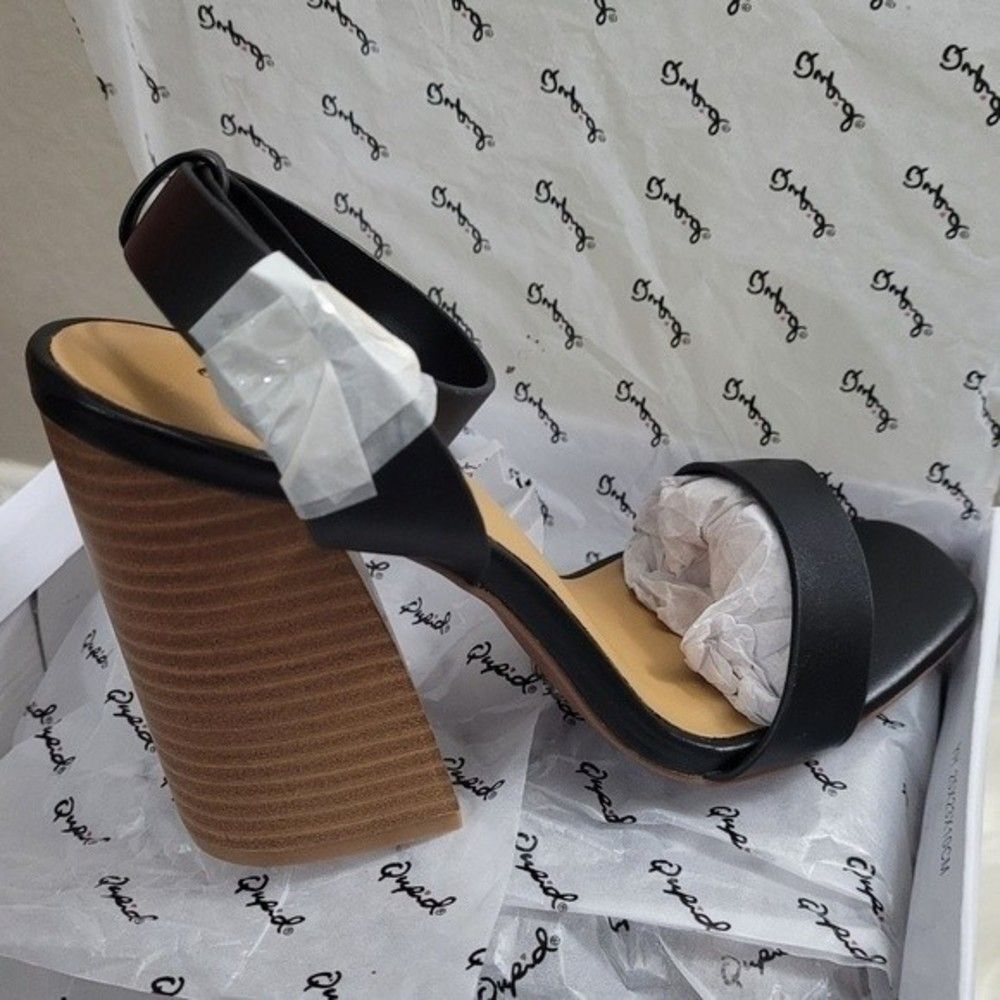 Black Chunky Heel Block Heel One Band Ankle Strap Chandler Sandals Qupid Size 7